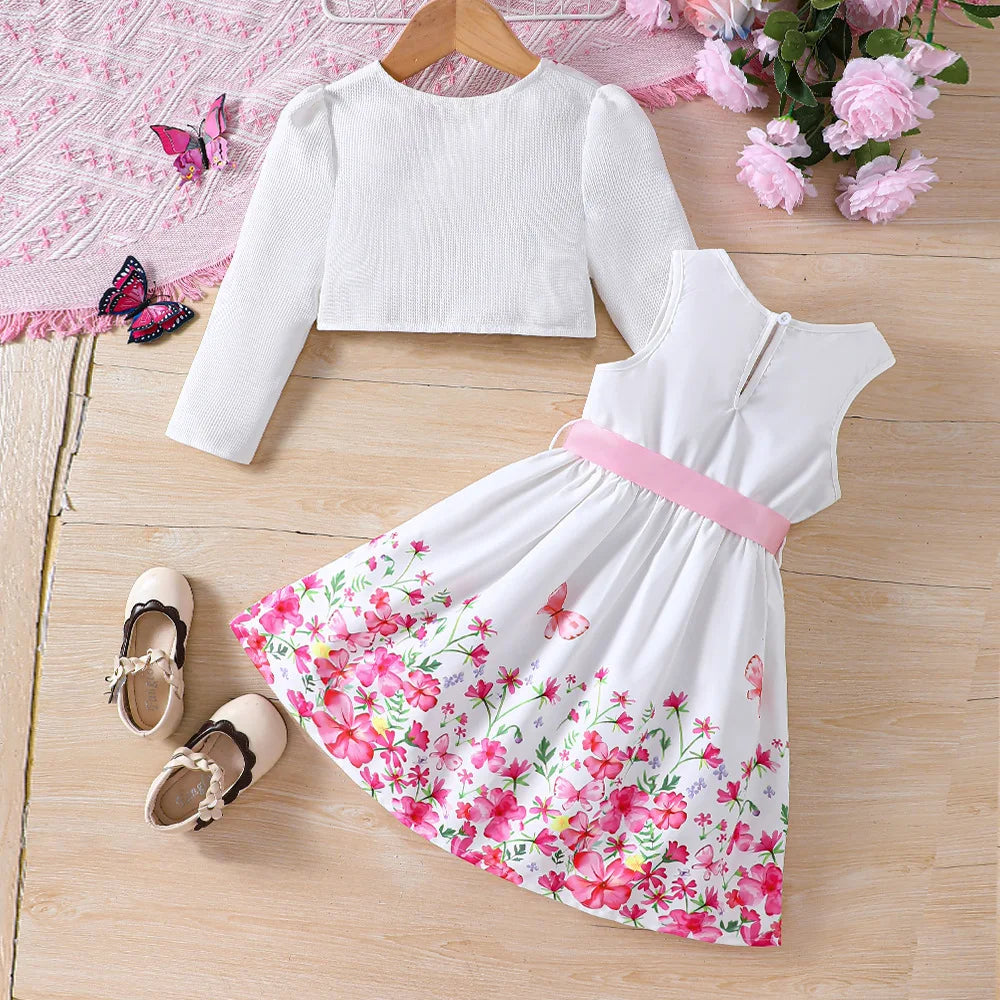 Kids Casual Clothing Sets Outfits for Girls Autumn Winter 2025 New Toddler Floral Print Long Sleeve Coat Tank Dress Children