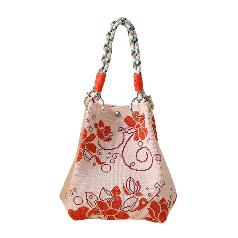 Cute Cartoon Knitted Bucket Bag Handmade Woven Ring Buckle Wrist Bag Large Capacity Tote Bag for Women Girls