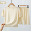 Children's Ice Silk Pajamas, Summer Thin Short Sleeved Shorts, 2-Piece Set of Big Boys and Girls' Home Clothing Set