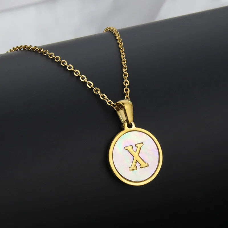 Initial Letter Necklaces for Women Trendy Stainless Steel Circle Couple Pendant Inlaid Shell Jewelry