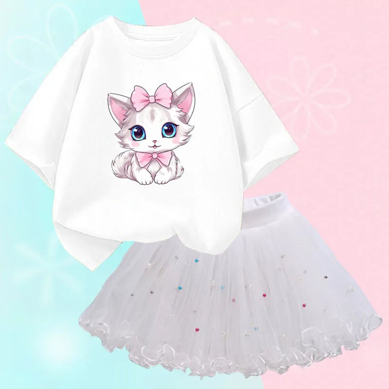 Summer Little Girls Clothing Cute Cat T Shirt& mesh Tutu Skirt Two Piece Set Fashion Korean Children Clothes Outfits 3-14years
