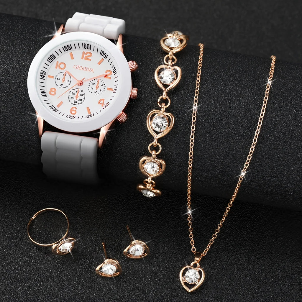 6PCS/Set Women's Watch Casual Silicone Band Analog Quartz Watch Rhinestone Heart Jewelry Set(Without Box)