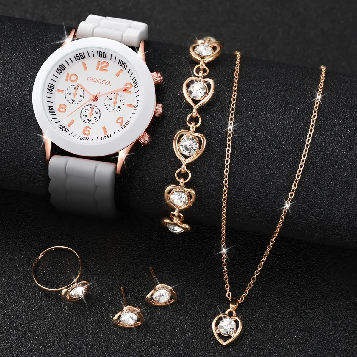 6PCS/Set Women's Watch Casual Silicone Band Analog Quartz Watch Rhinestone Heart Jewelry Set(Without Box)