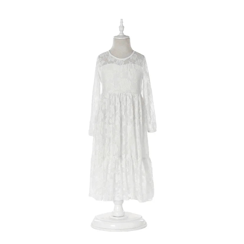 Girls Spring Summer Princess Dress with Lace Rose Embroidery Long Sleeve and Bow Belt