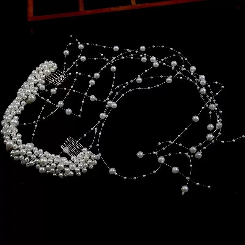 Bridal Pearl Long Tassel Hair Comb Wedding Headpiece Sparkly Beaded Hair Accessories Women Elegant Wedding Party Hair Ornament