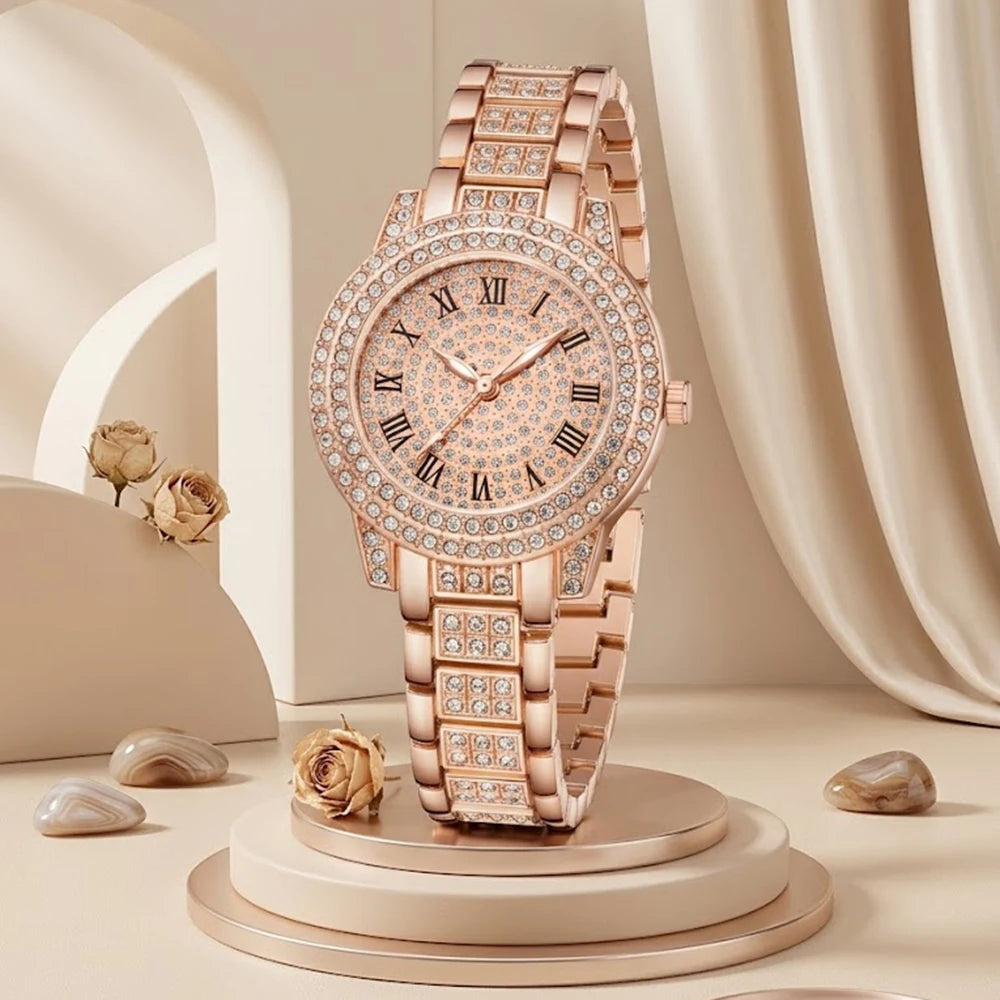 5Pcs/Set Unisex Jewelry Watches Women's Wristwatch Accessories Rose Gold Fashion Business Elegant Classic Exquisite Vintage Light Luxury Rhinestone Luxury Bracelet Watch Set Y2K Suitable for Travel, Vacation, Parties, Daily O