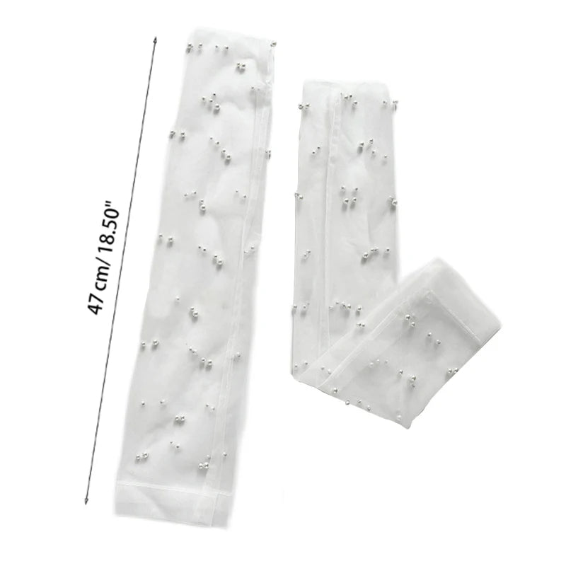 Long Thin Mesh Gloves Pearls Lace Gloves Summer Ruched Tulle Pearls Mittens Fingerless Gloves for Wedding Party Dress Costume