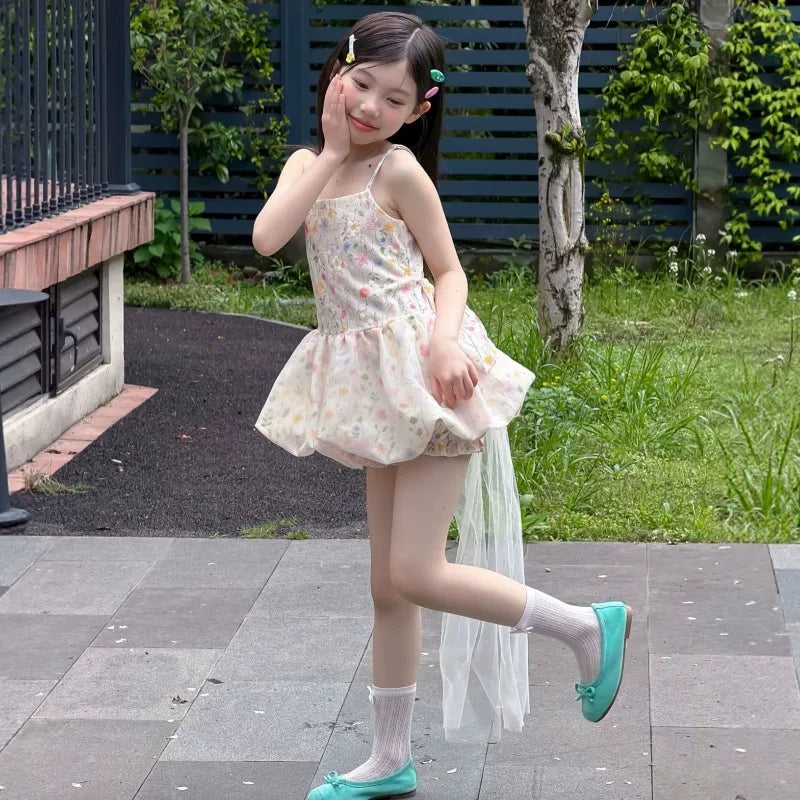 Girls Floral Suspender Dress Floral Bud Pants Set 2026 Summer Bow Mesh Trailing Princess Birthday Dress