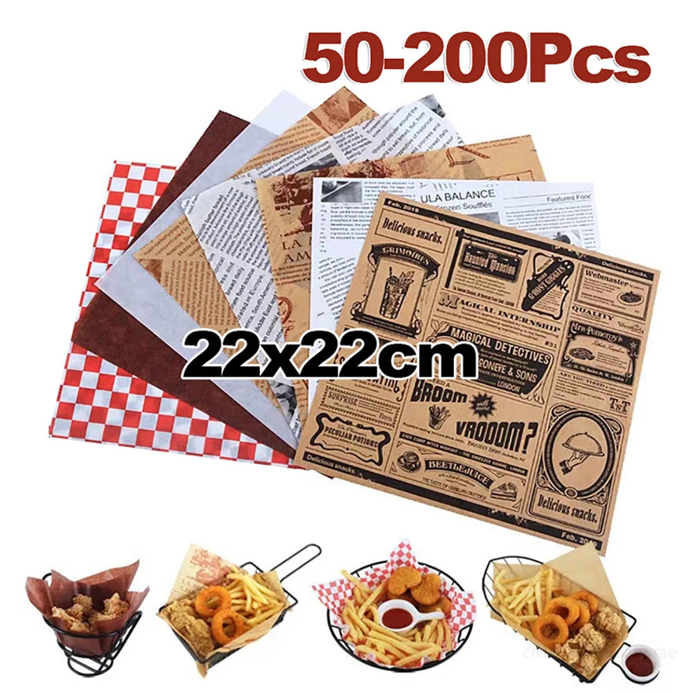 50-200Pcs Deli Wax Paper Old Newspaper Greaseproof 22x22CM Burger Bread Wrap Basket Mat for Fries Sandwich Papel Antigrasa