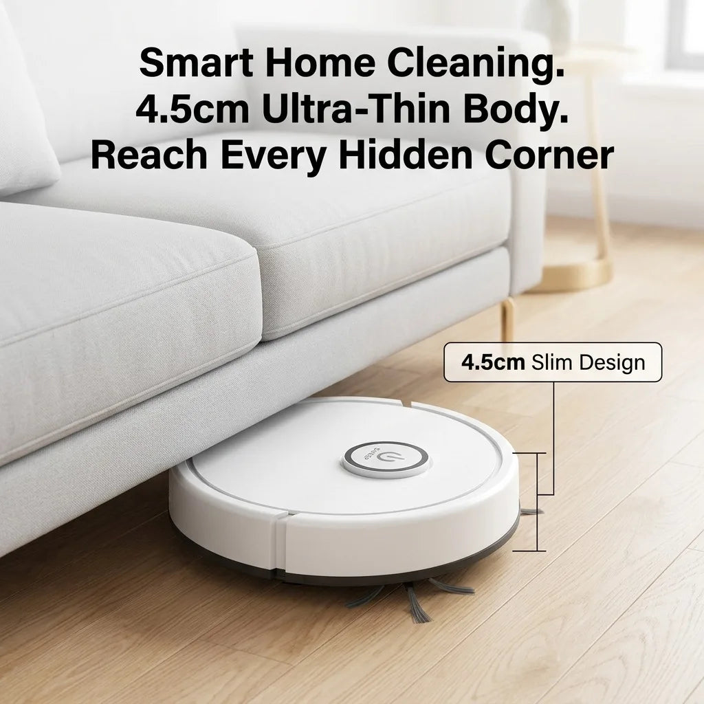 Robot Vacuum Cleaner, 4.5cm Ultra-Slim Robotic Vacuum for Pet Hair & Hard Floor, 45dB Quiet Automatic Floor Sweeper with 50-Min Runtime, Smart Obstacle Avoidance Mini Sweeping Robot for Home & Office