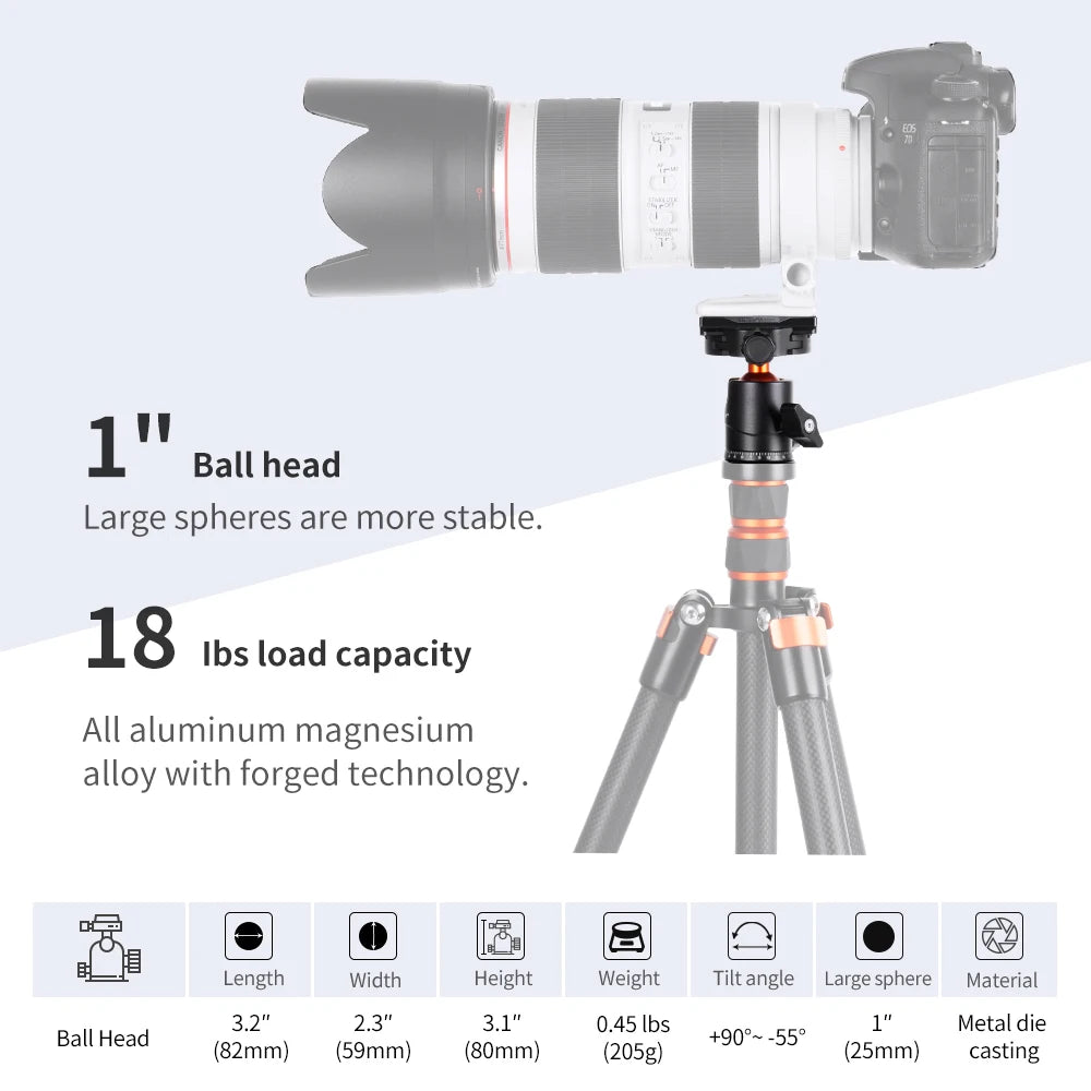 K&F CONCEPT KF-25 Ballhead Tripod Mount Adapter 25mm Large Ball Head Adapter with Quick Release Plate 1/4 Inch Screw 8kg Payload
