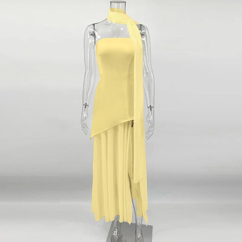 2025 New Strapless Dress With Ribbon Women's Elegant Sleeveless Mesh Beach Vacation Long Dress Spring Fashion Lady Dress