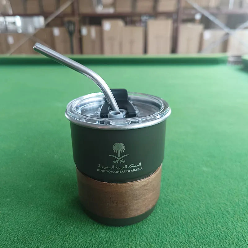 National Emblem of Saudi Arabia Logo Stainless Steel Cup Beer Mug with Lid wood 300ml Outdoor Camping Coffee Mug Includes straw