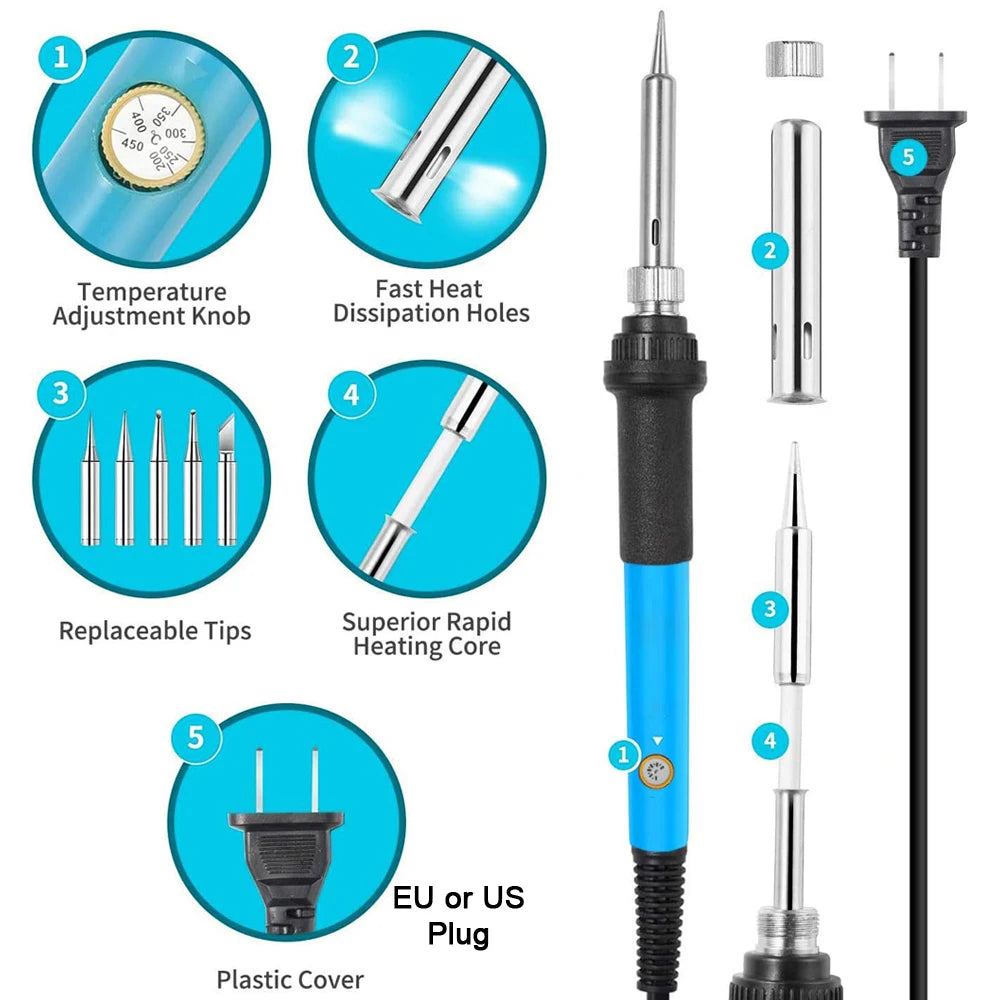 19-IN-1 Soldering Iron Kit Welding Tool Soldering Kit with LCD Digital Multimeter 60W Soldering Iron 5 Extra Tips EU/US Plug