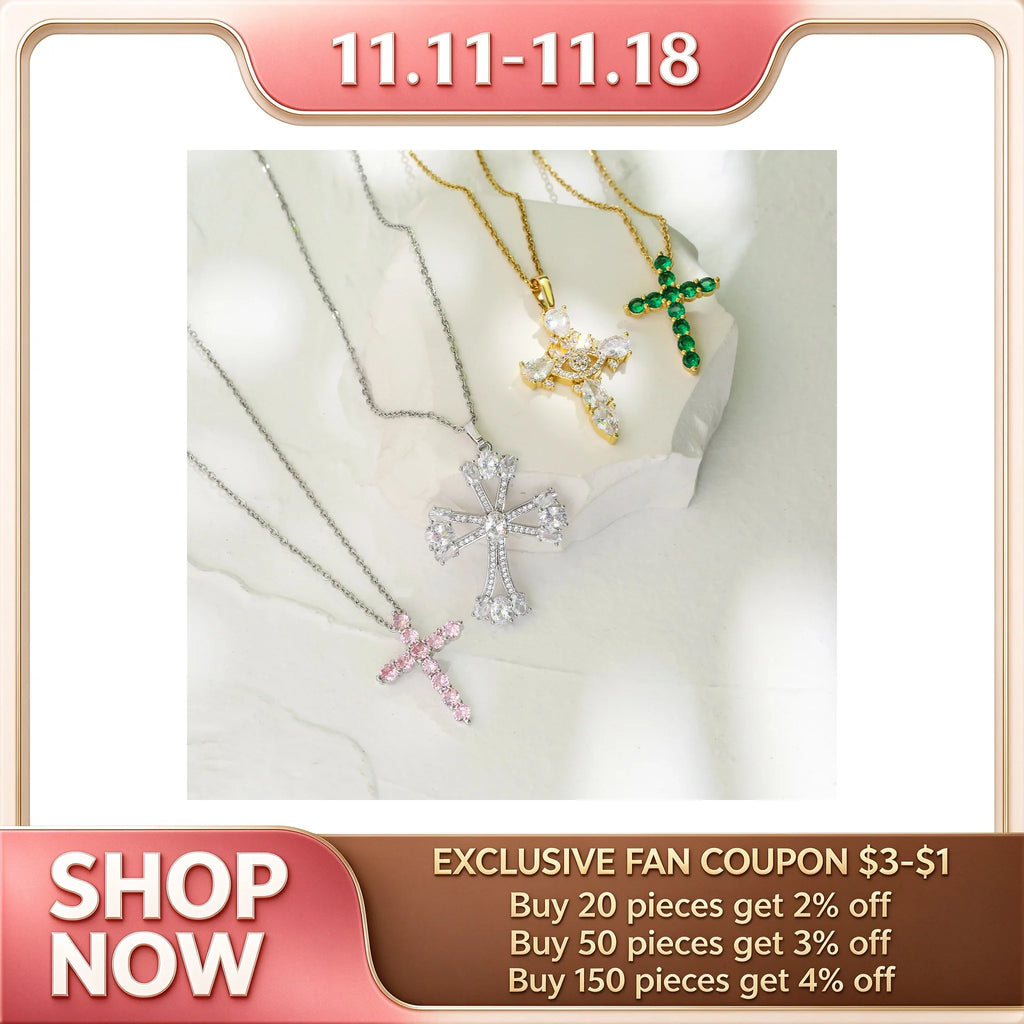 HECHENG,High Quality Crystal Shiny Zirconia Cubic Zircon Necklace Pendant Cross Jesus Christ Gold Colour Jewelry Gift for Women