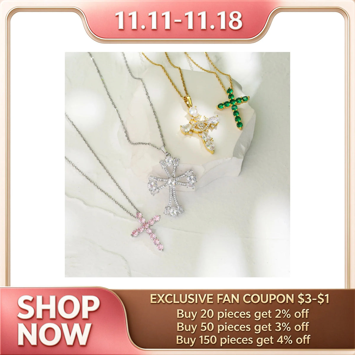 HECHENG,High Quality Crystal Shiny Zirconia Cubic Zircon Necklace Pendant Cross Jesus Christ Gold Colour Jewelry Gift for Women