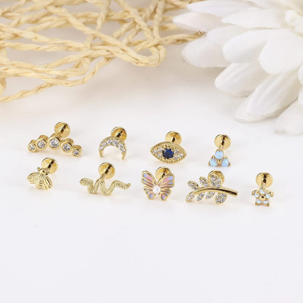 Drperfect 16G Cartilage Earrings Stud for Women Stainless Steel Flat Back Butterfly Moon Flower Helix Tragus Piercing Jewelry