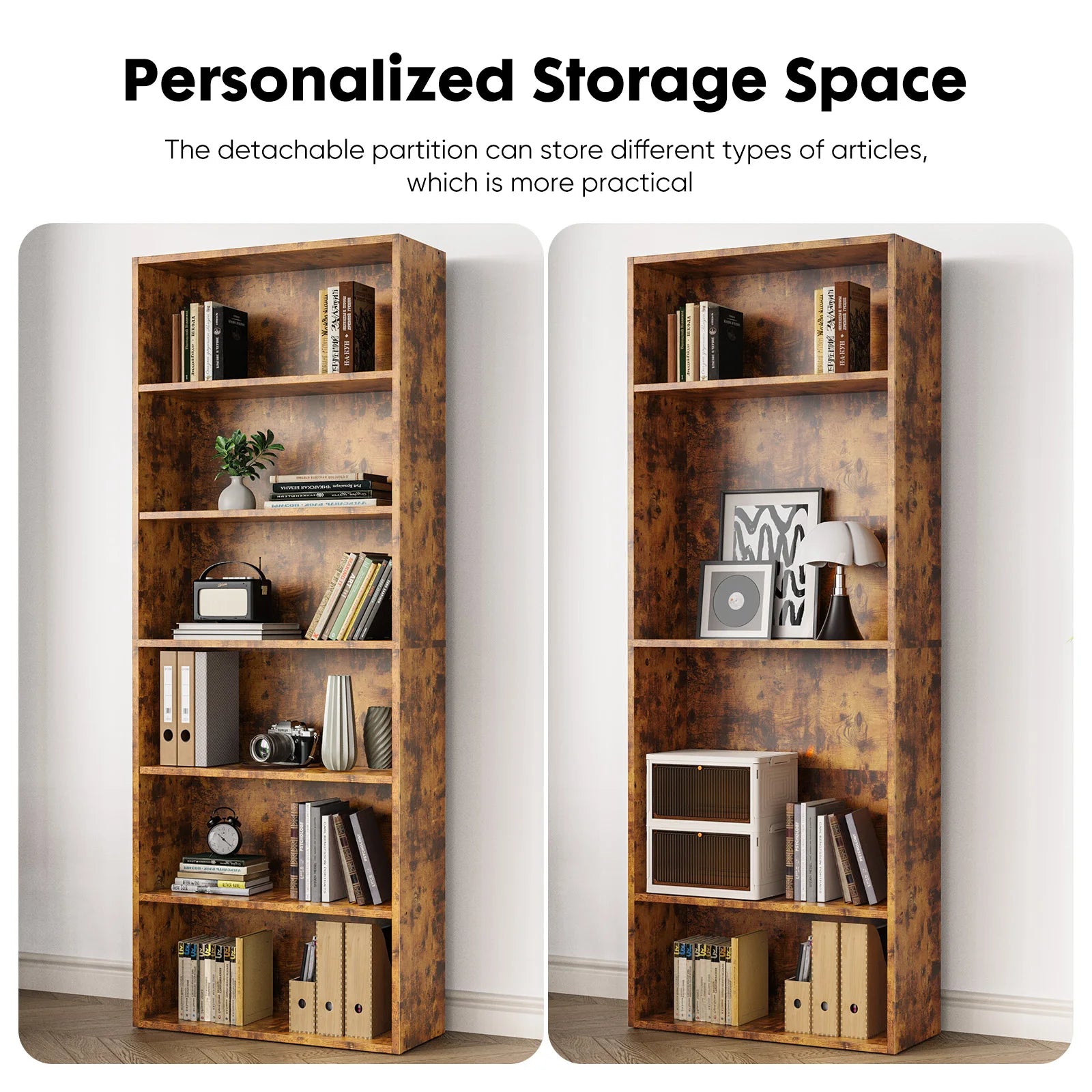 JHK 6 Tier Wooden Shelf Bookcase 63 Inch Tall Floor Standing Open Bookshelf for Living Room and Home Office Personalized Storage