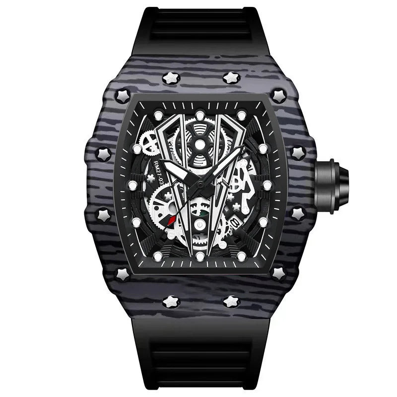 BINBOND Brand Men Watch Domineering Barrel Watch Curved Mirror Hollow Surface Sports Men Watch Silicone Quartz Wristwatch B8577