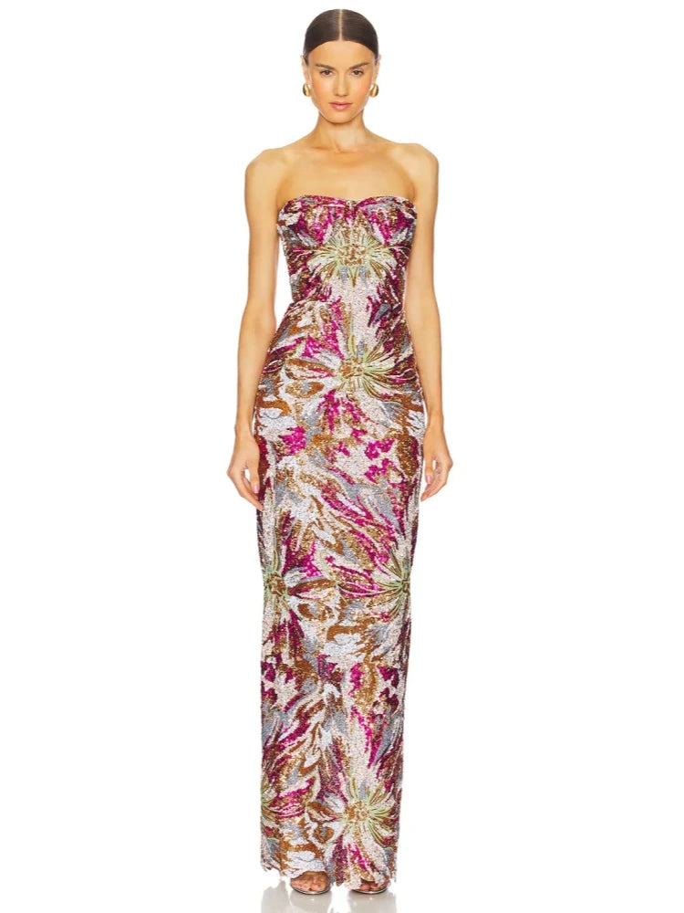 Sexy Strapless Multi Sequin Embroidery Long Dress Women Sleeveless Backless Luxury Sequined Slim Dresses Evening Party Gowns