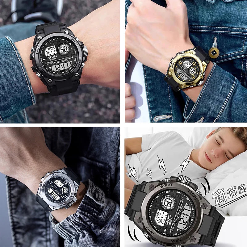 Black Sports Watch for Kids Students Men's Multifunction LED Digital Watch Waterproof Luminous Alarm Clock Electronic Watches