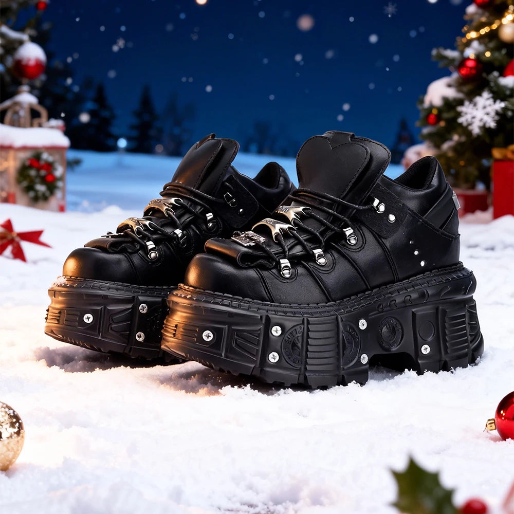 2026 New Punk Style Women Shoes Lace-up Heel Height 6CM Platform Shoes Woman Gothic Ankle Rock Boots Metal Decor Woman Sneakers