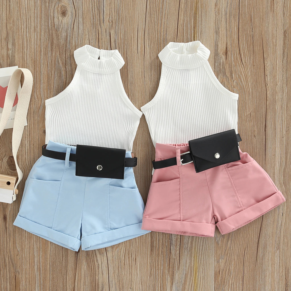 Little Girl Three-Piece Outfits Solid Color Sleeveless Ribbed Stand-Up Collar Tops + Belted Short Pants + Small Waist Pack 6M-4T