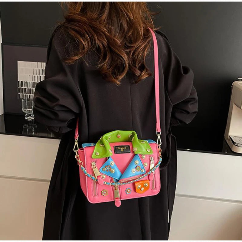 Jacket Collar Shaped Crossbody Shoulder Bag,Women Metal Flower Studded Handbag ,Niche Designer Streetwear Fashion Rivet Tote Bag