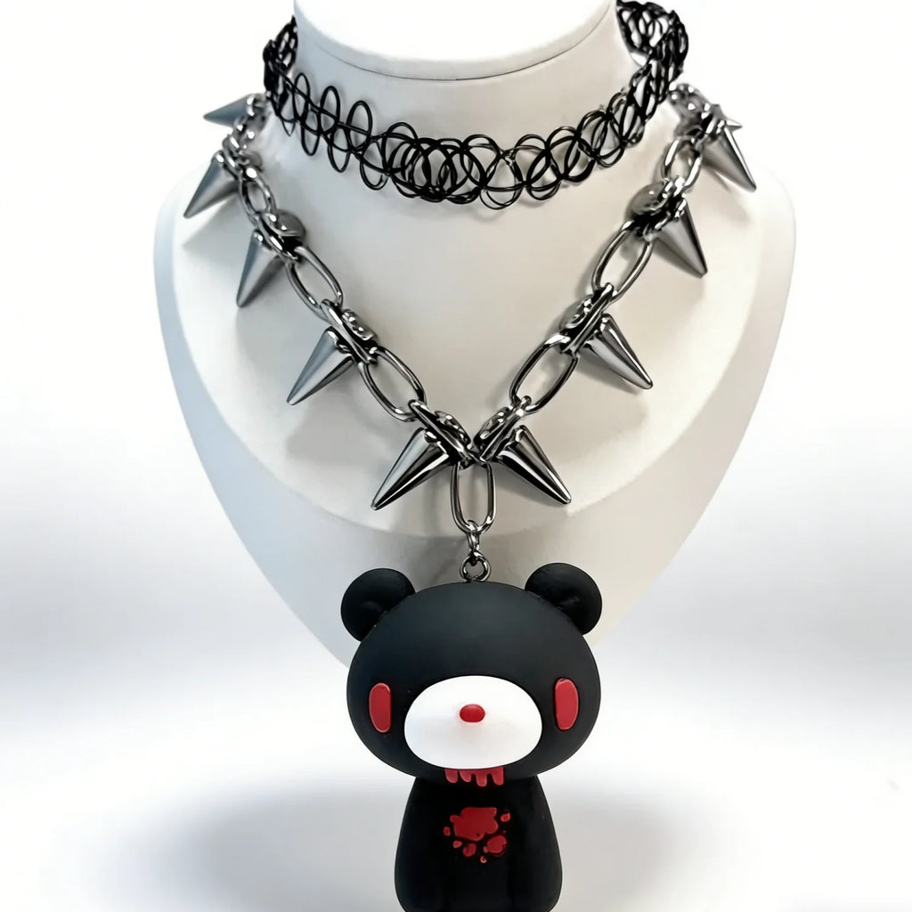 Gloomy Bear Spike Choker Necklace, Y2K Gothic Punk Rivet Chain with Cute Bear Pendant, Harajuku Alternative Jewelry for Women