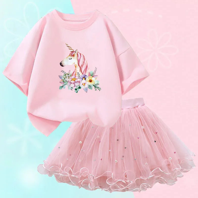 Fashion Summer Girls Outfits Pretty Ballet Dance Girl T-shirt and Tutu Skirt Set for Princess Clothes Suit Children Clothing