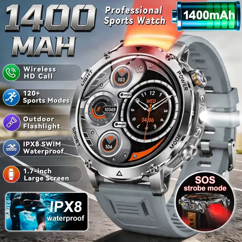 2026 Men SportsWatch, 1.7' Round HD Screen, 1400mAh, Dual LED (SOS Red+White), 120+ Sports, IPX8 Waterproof, Wireless Call, Gift