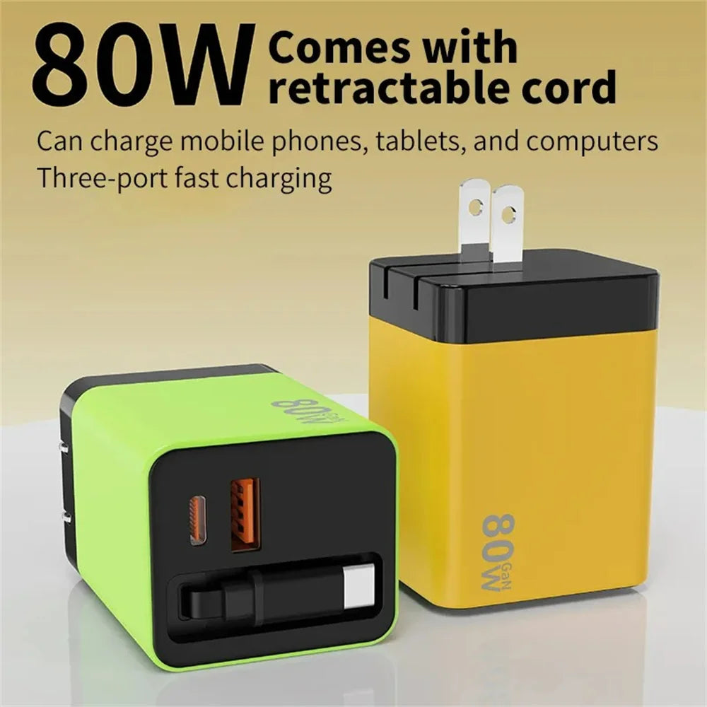 80W GaN USB Type C Charger Fast Charging With Built-in PD Cable USB C Quick Charger EU/US/UK Plug For iPhone 17 16 Xiaomi Huawei