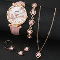 6PCS/Set Fashion Rhinestone Women's Watch Leather Band Analog Quartz Watches Rhinestone Heart Jewelry Set（Without Box）