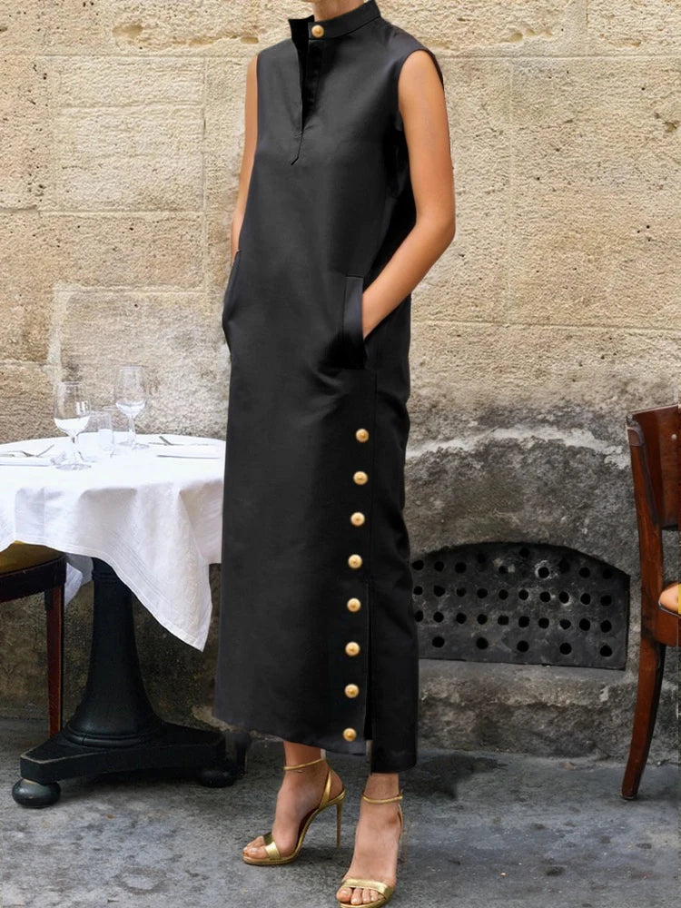 Yeezzi Women Fashion Split-Side Buttoned Stand Collar Evening Dresses 2026 New Sleeveless Solid Color H-Line Casual Shirts Dress