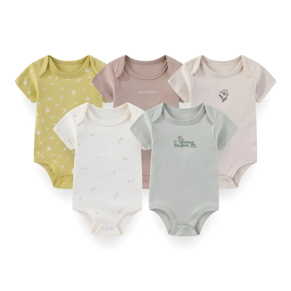 Kiddiezoom 5 Pcs/Lot Four Seasons Fashion Cartoon Short Sleeve Baby Boy Girl Bodysuits Soft 100%Cotton NewbornOnesies