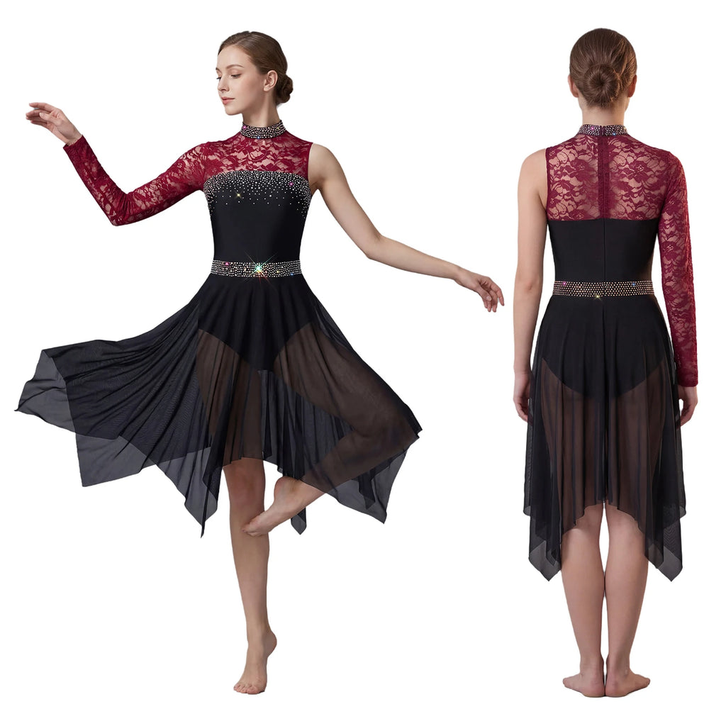 Women Lyrical Figure Skating Dance Dress Rhinestones Ballet Waltz Contemporary Dancewear Floral Lace Long Sleeve Mesh Leotard