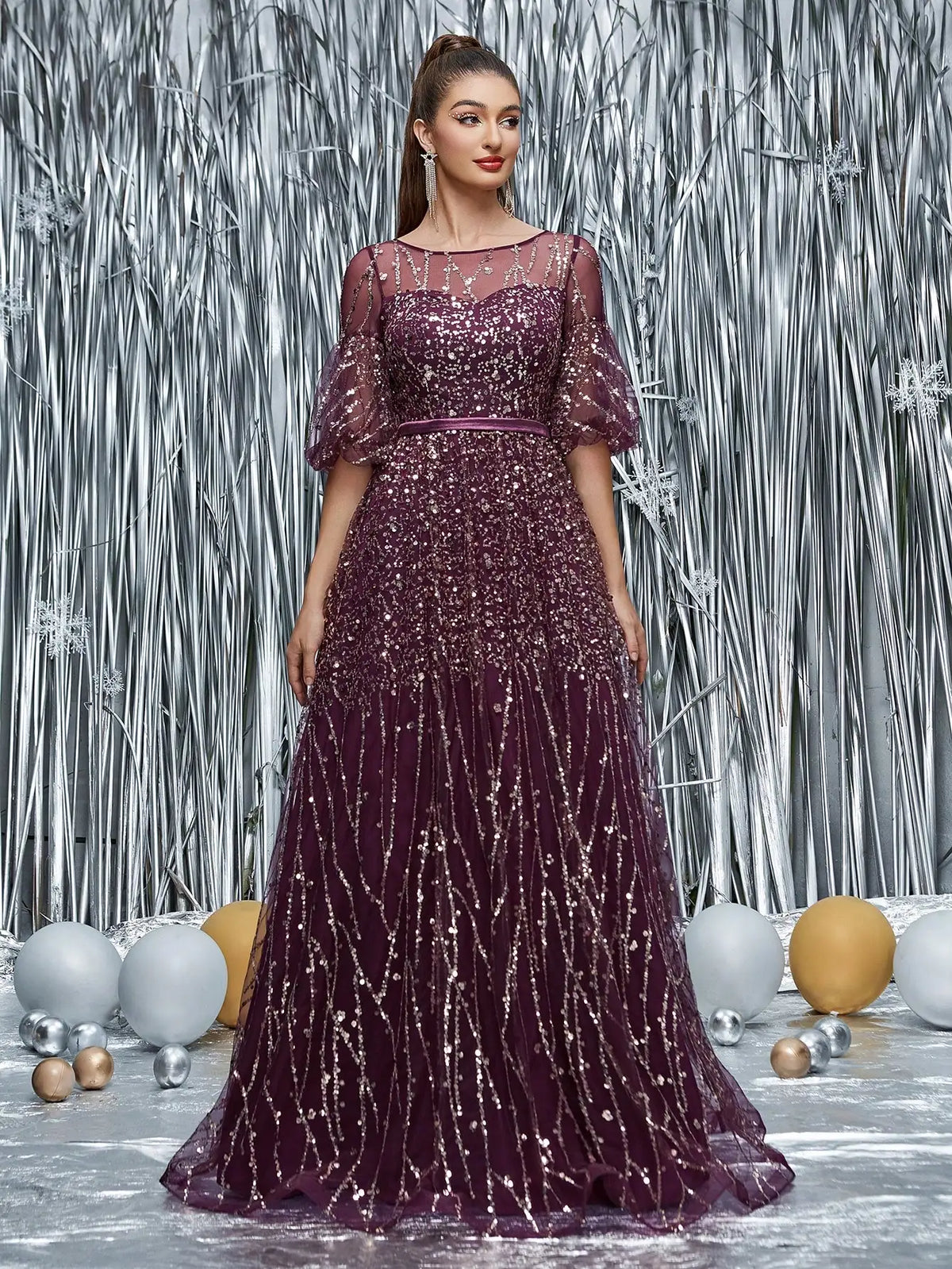 Mgiacy Round-neck semi-transparent sequined balloon sleeves long dress with wide skirt