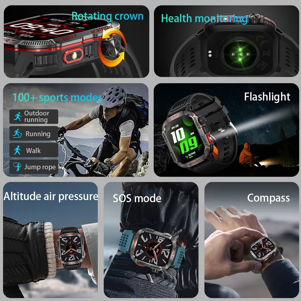 New Military Outdoor Smartwatch Men GPS Compass 600mAh BT Call 2.01" Screen Sports LED Flashlight 5ATM Waterproof Smart Watch
