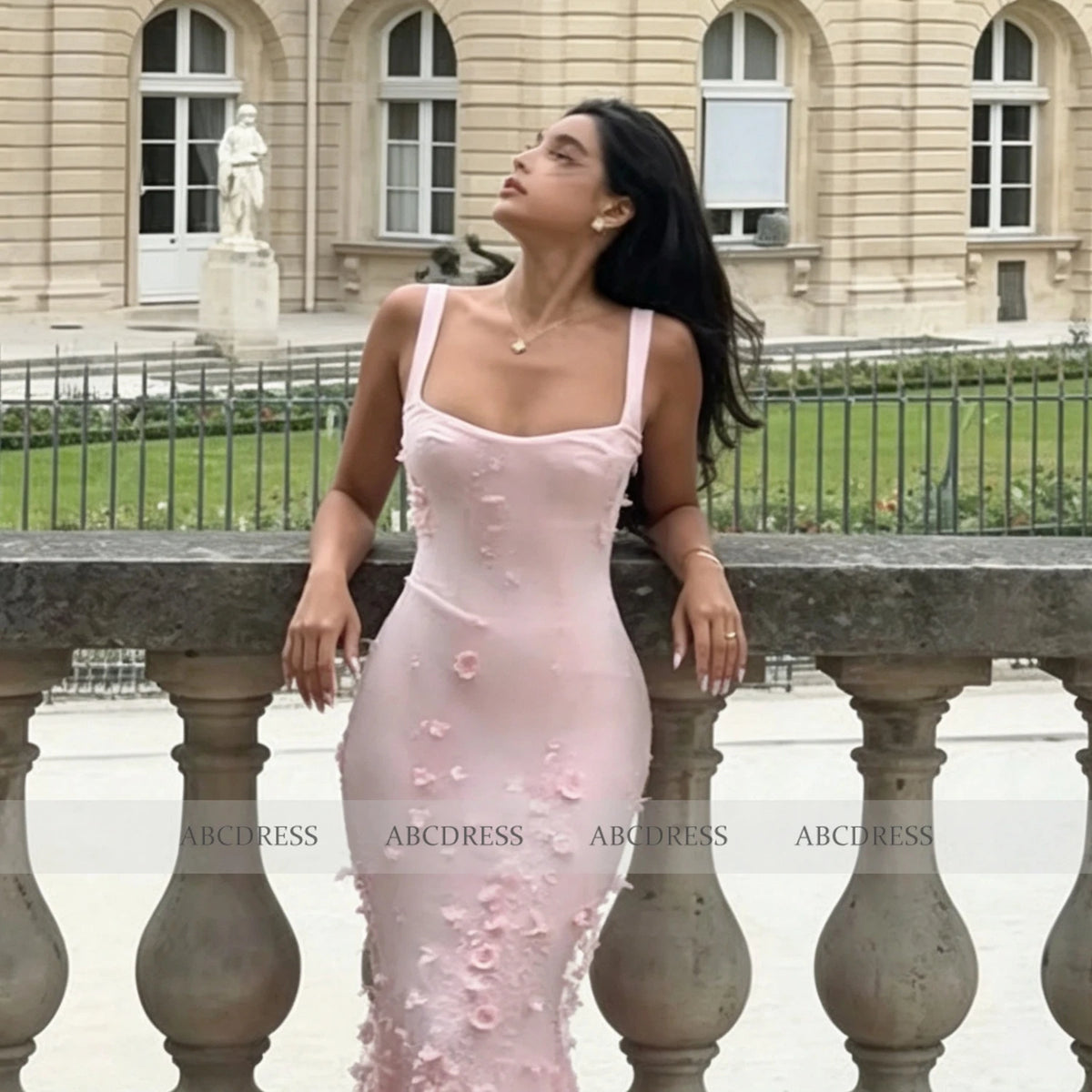 Customized Square Neck Spaghetti Strap Long Prom Dress 3D Floral Appliques Floral Formal Evening Mermaid Women Bridesmaid Dress
