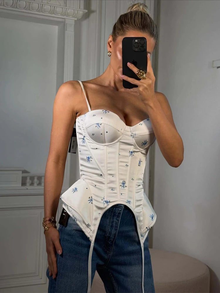 Floral Printed Satin Fishbone Corset Women Sexy Waist Cinching Sleeveless Slim Fit Top 2026 Lady Summer Party Street Clothes New
