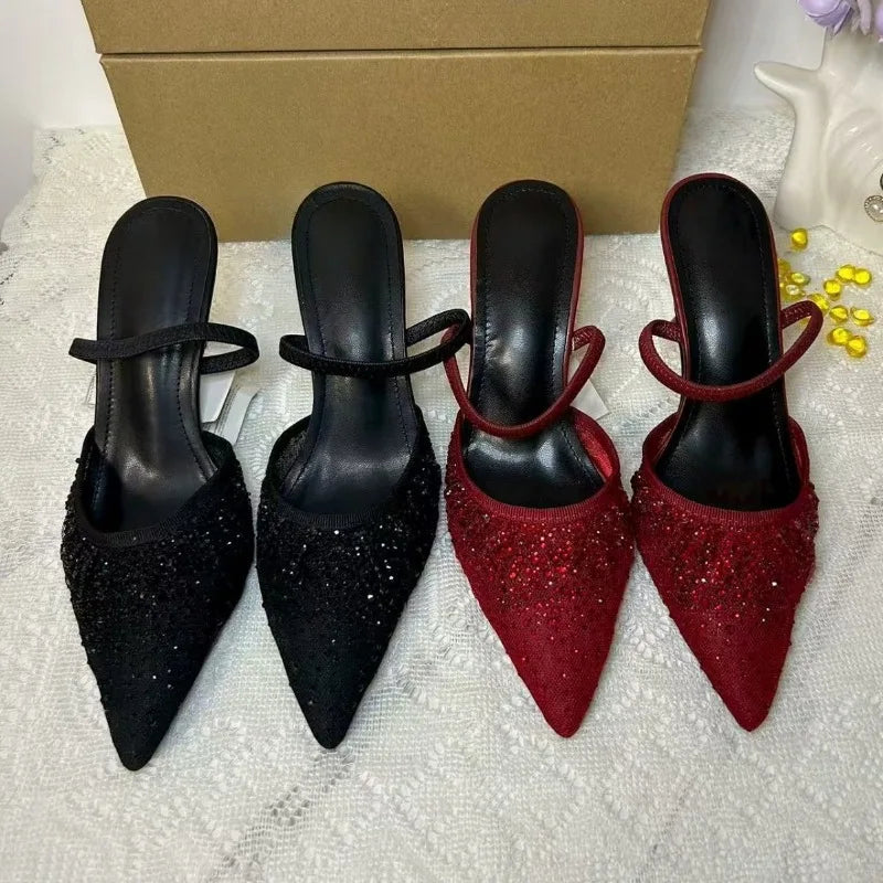 Shiny Rhinestones Mesh Women Party Shoes Brand Pointed Toe Mules Stiletto Elegant Back Strap High Heels Wedding Bridal Pumps