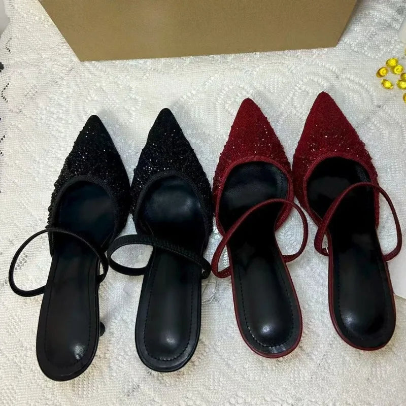 Shiny Rhinestones Mesh Women Party Shoes Brand Pointed Toe Mules Stiletto Elegant Back Strap High Heels Wedding Bridal Pumps