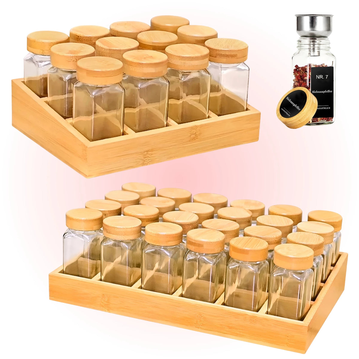 Spice jar set with bamboo rack, 12/24 glass jars with sealed bamboo lids, including labels and marker pens,kitchen organizers