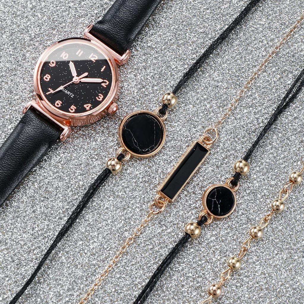 5PCS/Set Women's Watch Fashion Starry Sky Dial Leather Band Quartz Watches Turquoise Bracelets Set