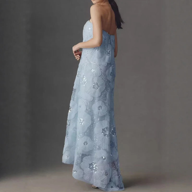 Women's Strapless Maxi Dress 3D Floral Appliques Sequin Beading Sleeveless Tube Top Long Dress Wedding Guest Evening Party Gowns