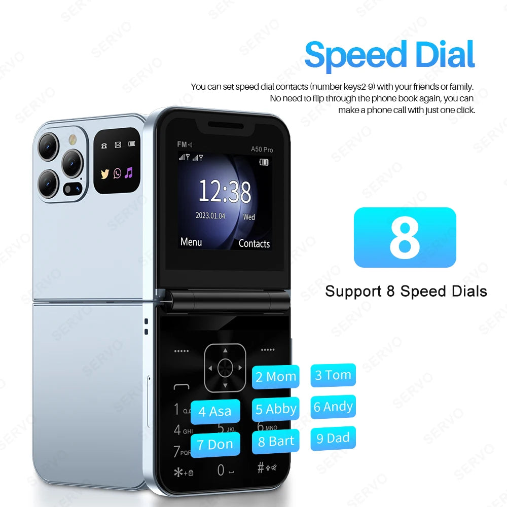 SERVO A50 PRO Flip Mobile Phone 2G GSM Call Recording Blacklist Speed Dial Flashlight Foldable Feature Cellphones Dual SIM Card