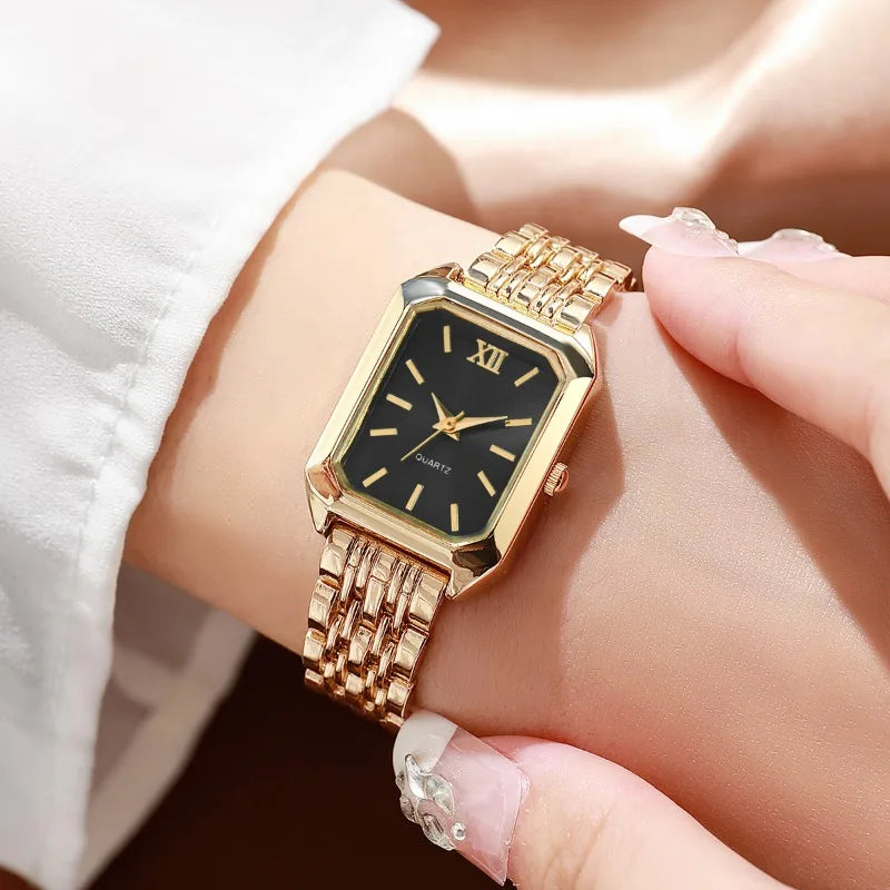 5PCS Elegant Rectangle Rhinestone Quartz Watch Jewelry Set Fashion Women Watches Reloj Mujer Girl Clock Gift（Without Box）