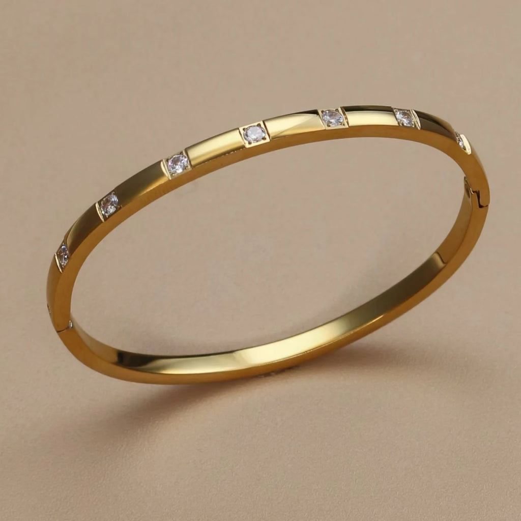 C8 Inlay Square Small Coloured Zircon Stainless Steel Gold Color Stacking Bracelet, Cubic Zircon Design Women's Jewellery Bangle