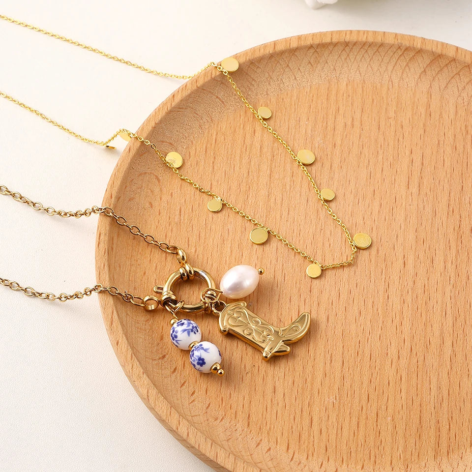 ZAKOL Korean Trendy Stainless Steel Stacked Choker Necklace Set Gold Color Dot Freshwater Pearl Circular Neck Party Jewelry