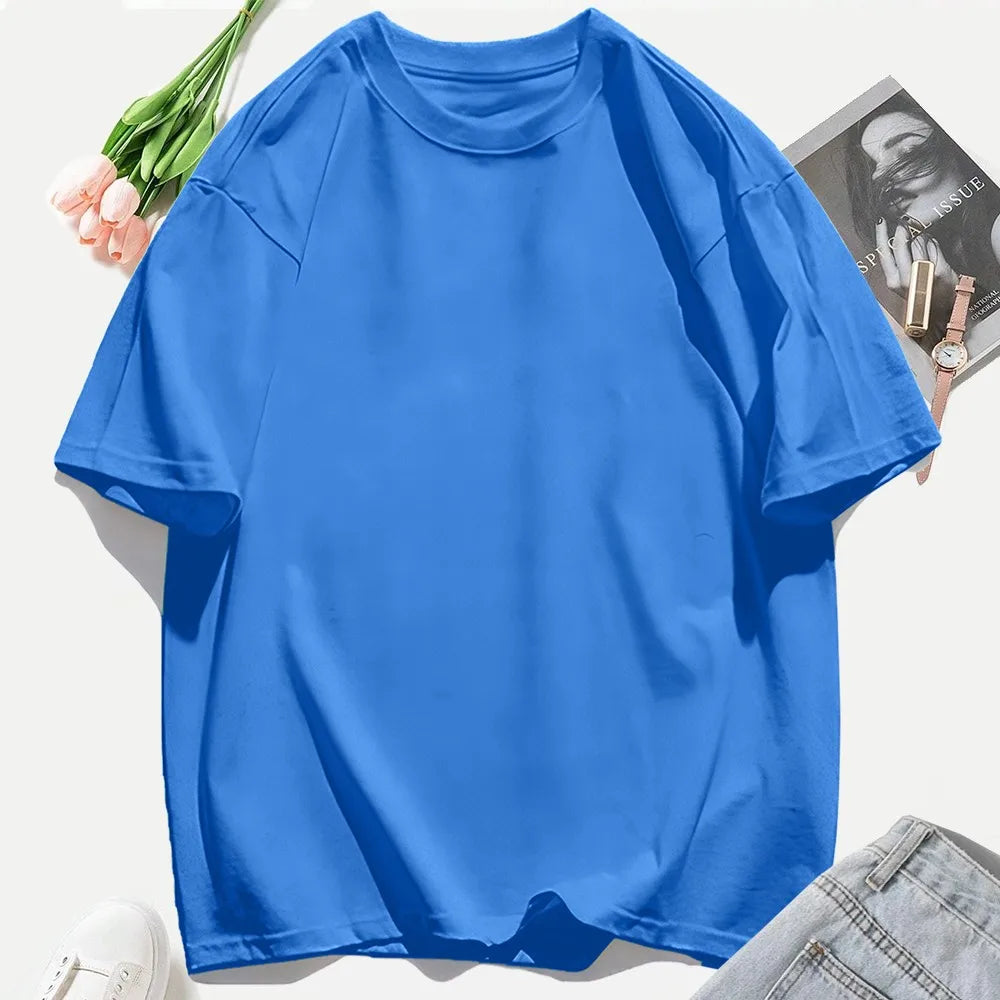 Y2K Woman 100% Cotton T Shirts Solid Color Casual T-Shirt O-Neck Summer Tops For Women Fashion Oversized Female Sportswear